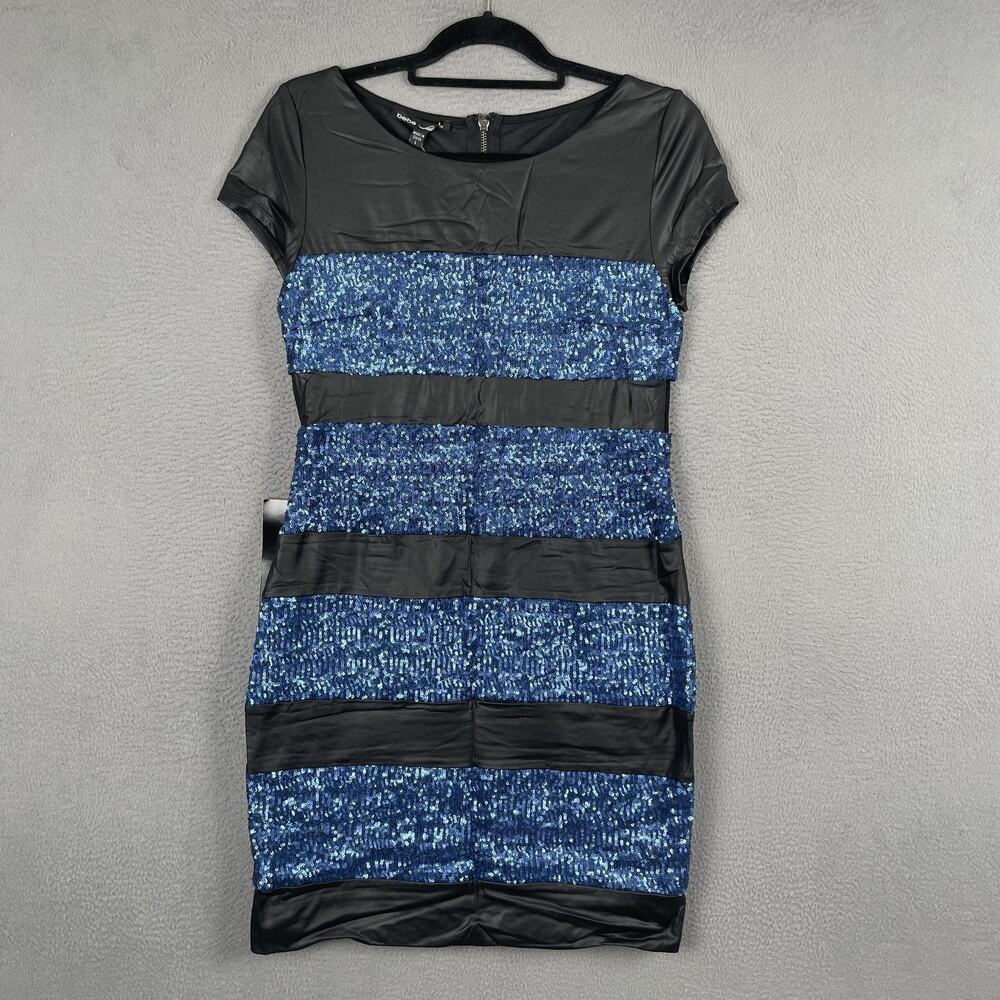 Bebe Addiction Dress Womens Large Blue Sequin Stripe Bodycon Mini Party Cocktail